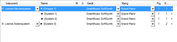 Geöffnetes Aufklappmenü des Klavier-Notensystems