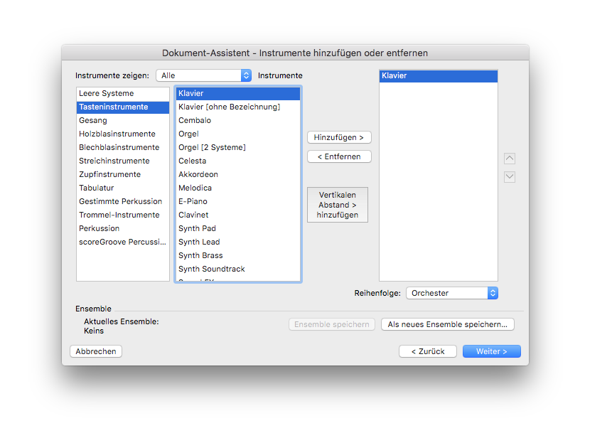 Dialogbox Dokument-Assistent Instrumente hinzufügen oder entfernen