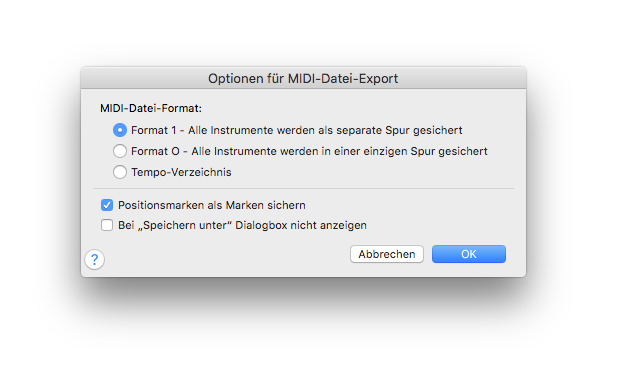 Dialogbox Optionen für MIDI-Datei-Export