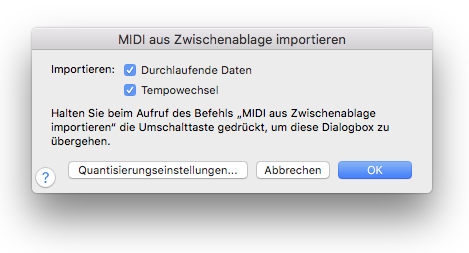 Dialogbox MIDI-Daten aus Zwischenablage importieren