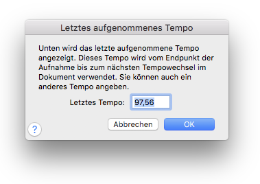 Dialogbox Letztes aufgenommenes Tempo