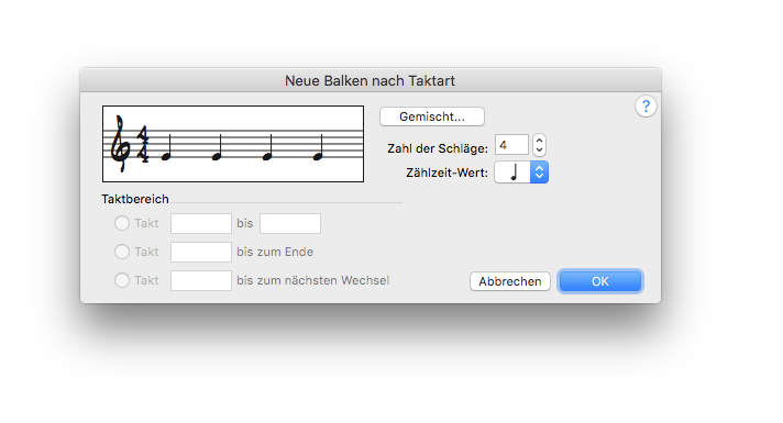 Dialogbox Neue Balken nach Taktart