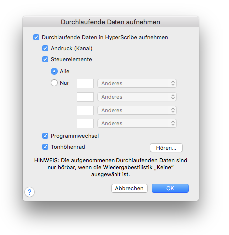 Dialogbox Durchlaufende Daten aufnehmen