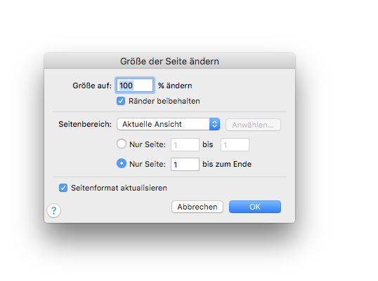 Dialogbox Größe der Seite ändern