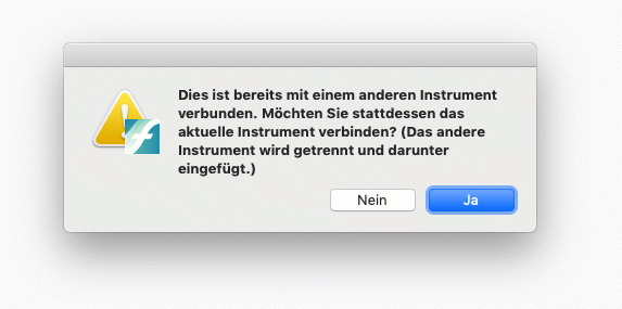 Dialogbox Warnung Dies ist bereits mit einem anderen Instrument verbunden