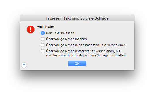 Dialogbox In diesem Takt sind zu viele Schläge