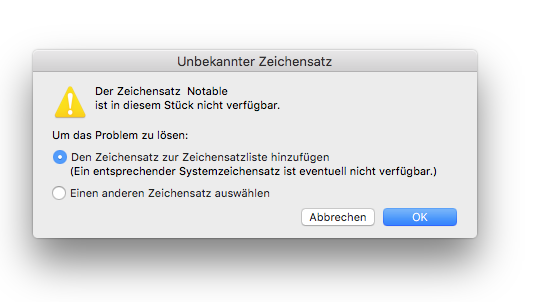 Dialogbox Der Zeichensatz … ist nicht verfügbar