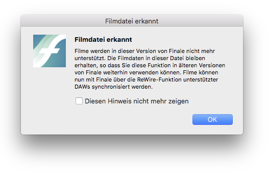 Dialogbox Warnung: Filmdatei erkannt