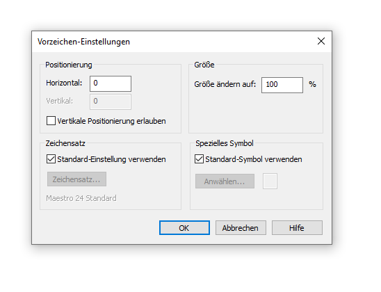 Dialogbox Vorzeichen-Einstellungen