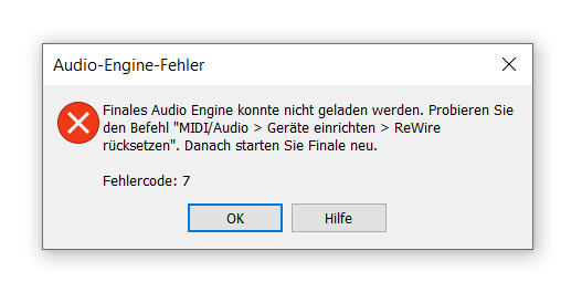 Dialogbox Audio-Engine-Fehler