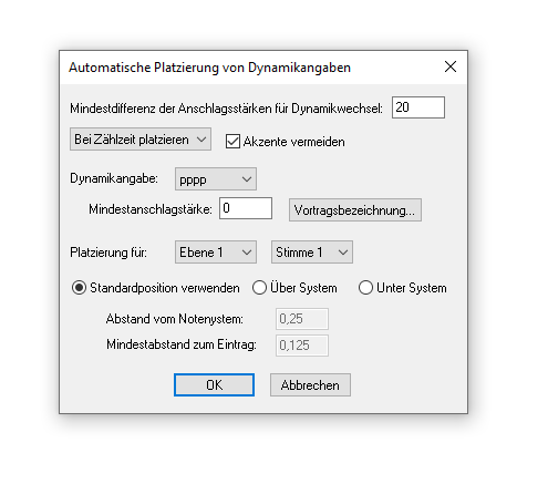 Dialogbox Automatische Platzierung von Dynamikangaben