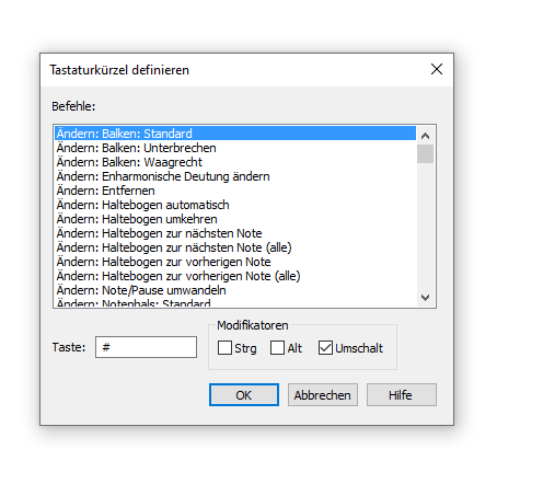 Dialogbox Tastaturkürzel definieren