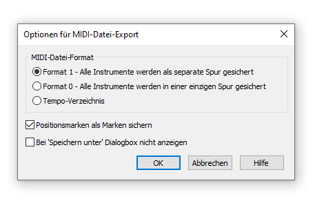 Dialogbox Optionen für MIDI-Datei-Export