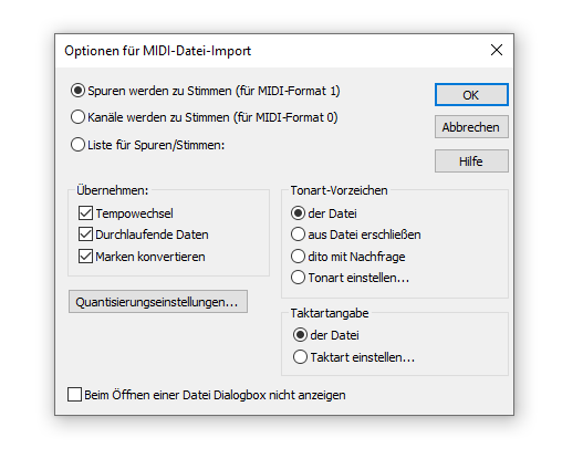 Dialogbox Optionen für MIDI-Datei-Import