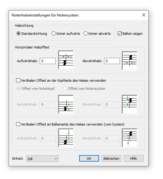 Dialogbox Notenhalseinstellungen für Notensystem