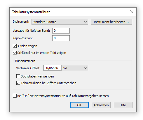 Dialogbox Tabulatursystemattribute